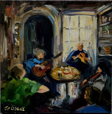 Irish Music Session signed oil painting on board