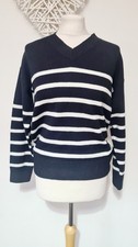 Ladies M&S Navy Blue White Stripe Nautical Wool Blend V Neck Jumper Size S 8-10