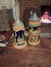 Here Are 2 X German Glazed Beer Steins Tankards with Pewter Lids.