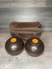 Vintage set of Brown Lawn Bowling Balls in Vintage leather Bag Embossed AP