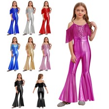 UK Girls Shiny Metallic Flared Jumpsuit Sequin Tassel Disco Dance Rave Bodysuit