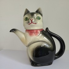 Vintage Novelty West German Ceramic CAT  Teapot Black & White Green Eyes 20cm