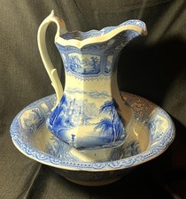 Antique English SPODE Water Pitcher and Wash Bowl Set Blue & White Transferware