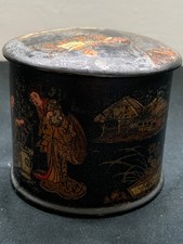 Antique Japanese lacquer lidded tea caddy, colourful Chinoiserie figures/ scenes