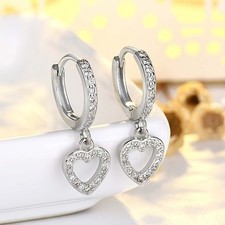 925 Sterling Silver Heart Hoop Drop Dangle Earrings Women Girls Jewellery Gift