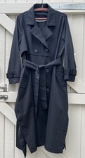 Black Woman’s long  trench Coat with belt Estd Size M 12-14 slim high Qlty