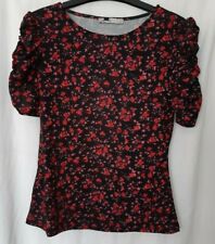 New OASIS  Black With Pink and Red Flowers Ruched Sleeve  Top Size S, Ex small