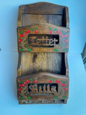 Vintage wooden mail and bills sorter with 3 key hooks