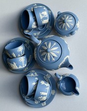 Rare Vintage Wedgwood Tea Set Jasperware Sky Blue glazed inside, 21pcs, England