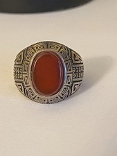 Vintage Sterling Silver Carnelian And Marcasite Medieval Style Ring Size T1/2