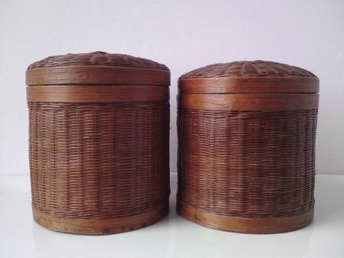Pair vintage lidded - pair, rattan