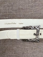 Vintage Stephen Collins Leather Belt Large Metal Buckle Made Italy White