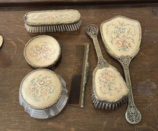 Vintage Petit Point Dressing table Set 6pcs, brushes, powder jar, mirror, tray