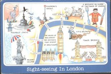 SIGHT-SEEING IN LONDON, Map - Vintage POSTCARD