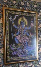 Framed Hindu Goddess Kali Ma Brushed Gold Frame (Persex) and Fabric Embroidery