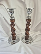 Beautiful Pair Antique Wooden Oak Barley Twist Art Deco Chrome Top Candlesticks