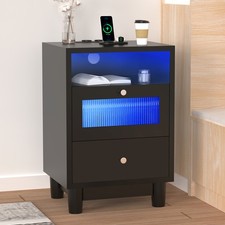 Black Bedside Table with Charging Station, Side Table，Nightstand with LED Imbrsi