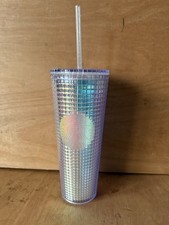 STARBUCKS TALL ACRYLIC METALLIC SILVER DOUBLE WALL TUMBLER CUP WITH STRAW 709ML