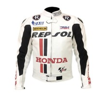 HONDA GAS REPSOL WHITE MOTORCYCLE COWHIDE LEATHER ARMOURED MOTORBIKE JACKET