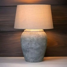 Large Ceramic Rustic Table Lamp with Linen Shade Stone Look Ribbed Base 67cm
