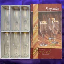 Vintage Set of Six Boxed Rayware Classic Gold Glass Champagne Flutes Ex/con