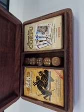 Brass Inlaid Wooden Box With 2 Decks Of Playing Cards & 5 Brass Inlaid Dice Set