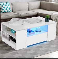 High Gloss LED Coffee Table With Storage Wooden 2 Drawer Living Room Furniture