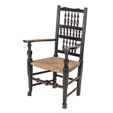C.19th Elm & Ash Lancashire Rush Seat Country Elbow Chair Carver Armchair