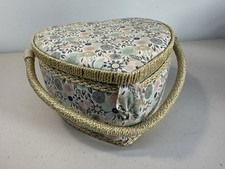 Vtg Heart Shaped Sewing Storage Box Basket Floral Print Cottagecore