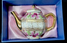 Miniature Bone China Roses & Gold Lidded Vintage Tea Pot In Original Box