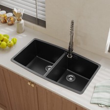 Black Quartz Stone Double Bowl Kitchen Sink with Drainer Waste Kit Inset Bowls