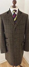 M&S Collection Check Moon Tweed Mens Overcoat Crombie Style Velvet Collar Size L