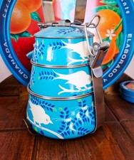 Anthropologie Tiffin Carrier – Blue Enamel Stackable Lunch Box with Bird Design