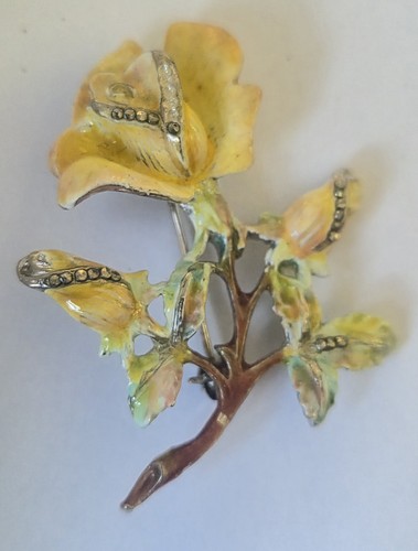 Vintage enamel marcasite rose - marcasite,