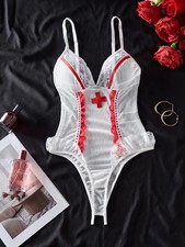 Women's Red & White Lace Trimmed Semi-Sheer Mesh One-Piece Bodysuit (XL)