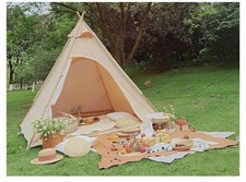 Outdoor Waterproof Beige Pyramid Teepee Cotton Canvas Family Camping Tent Deluxe