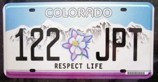 122-JPT Colorado, Respect Life, American Licence Plate 12"x6"