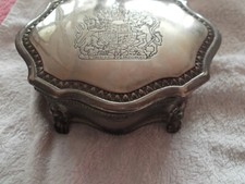 Vintage Dieu Et Mon Droit British Royal Crest Silver Plate Trinket Jewellery Box