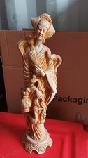 Vintage Resin Asian Statue Ornament Geisha Girl Holding A Fan - With Birds