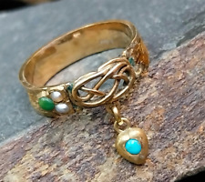 Antique 9ct Gold Celtic Mourning Ring - Turquoise Heart Drop with Real Hair - N