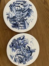 VINTAGE  Blue & White TILE TRIVET H & R JOHNSON Pair Village Scene ENGLAND (2)