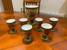 Deruta Jug/Pitcher with 6 matching goblets , Green Floral Pattern