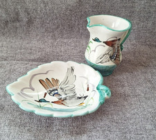 Vintage Italian Hand-Painted Ceramic Jug & Leaf Bowl Set – Flying Duck Design.