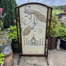Vintage Wood Glazed Embroidered Silver & Gold Indian Peacocks Taj Mahal Screen