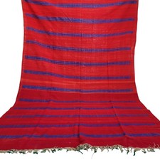 Vintage Handmade Moroccan Berber Rug Red Base Blue Band Rug Tribal Fringe Carpet