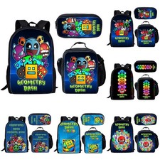 Kids Geometry Dash School Backpack Insulated Lunch Bag Rucksack Pencil Case gift