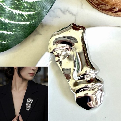 Silver face brooch - silver, lapel