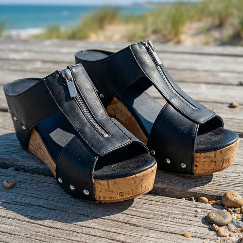 Women black leather slide - black,
