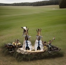 Vintage Indian Teepee Wigwam Lamp Ornament & 4 Indians Wild West Home Decor 