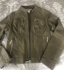 Khaki Leather Racer Jacket Michael Kors Size S Uk8-10 Silver Logo Zips. RRP $450